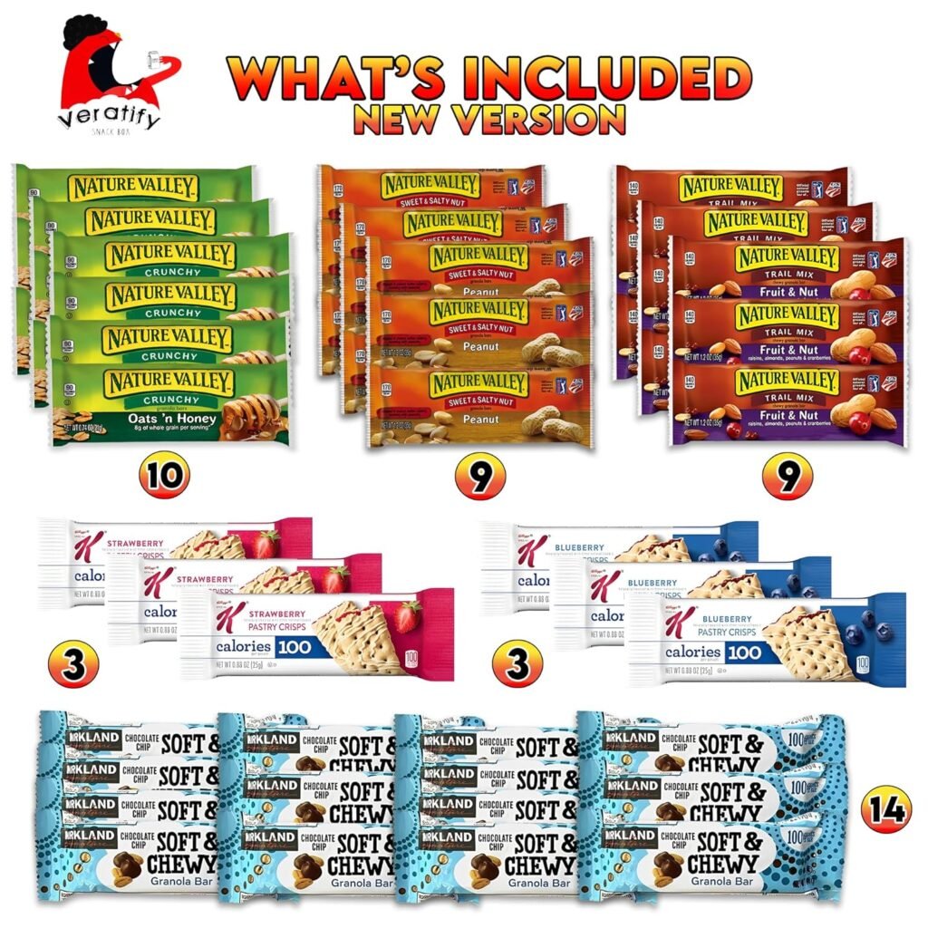 Veratify - Healthy Mixed Snack Box  Snacks Gift Variety Pack - Great for Home, Lunches, Work, Grab and Go, Office, Meetings - Breakfast Bars, Bulk Granola Bars, Snacks (Care Package 66 Count)