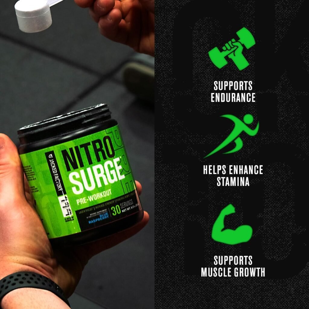 Jacked Factory NITROSURGE Pre Workout Supplement - Endless Energy, Instant Strength Gains, Clear Focus, Intense Pumps - NO Booster, Powerful Preworkout Energy Powder - 30 Servings, Blueberry Lemonade