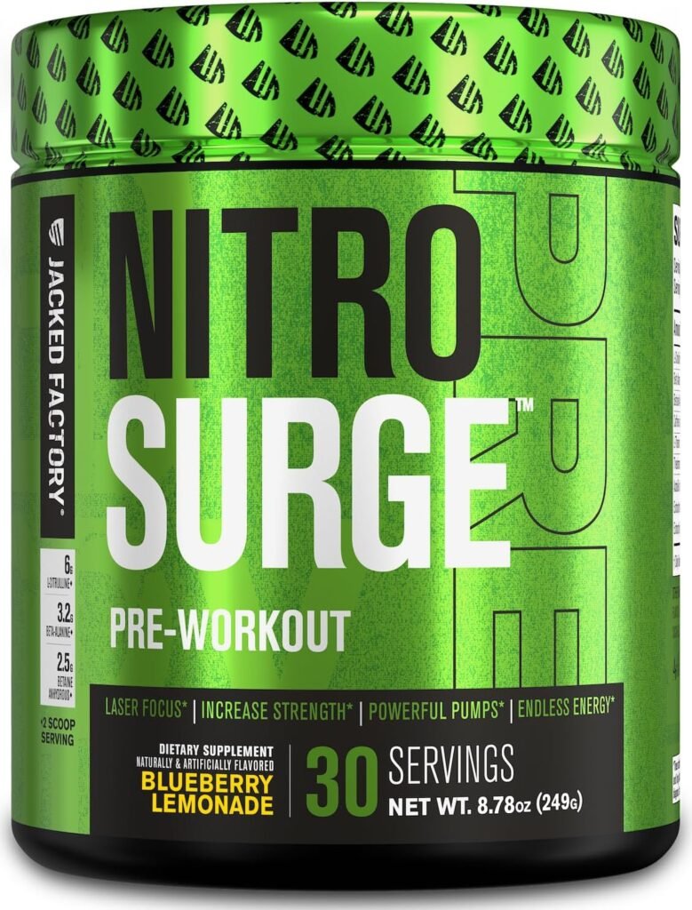 Jacked Factory NITROSURGE Pre Workout Supplement - Endless Energy, Instant Strength Gains, Clear Focus, Intense Pumps - NO Booster, Powerful Preworkout Energy Powder - 30 Servings, Blueberry Lemonade