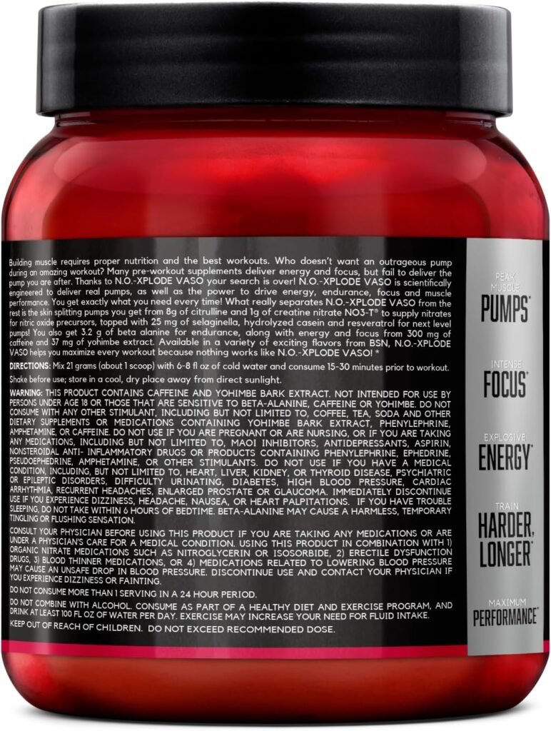 BSN N.O.-XPLODE Vaso Pre Workout Powder with 8g of L-Citrulline and 3.2g Beta-Alanine and Energy, Flavor: Razzle Dazzle, 24 Servings