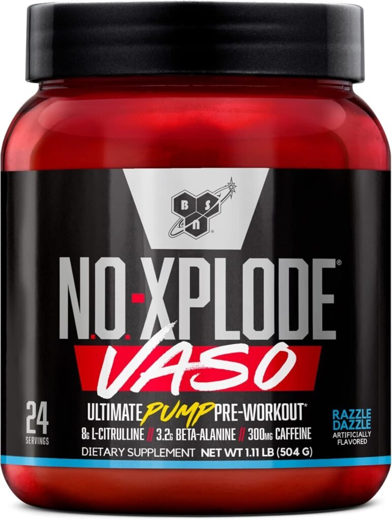 BSN N.O.-XPLODE Vaso Pre Workout Powder with 8g of L-Citrulline and 3.2g Beta-Alanine and Energy, Flavor: Razzle Dazzle, 24 Servings