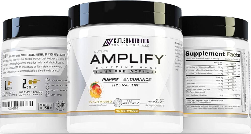 Cutler Nutrition Amplify 2.0 Caffeine Free Pre Workout for Men and Women Stimulant Free Muscle Pump Enhancer with Nitrates (Arginine Nitrate), Coconut Water, and L-Citrulline, Peach Mango Flavor