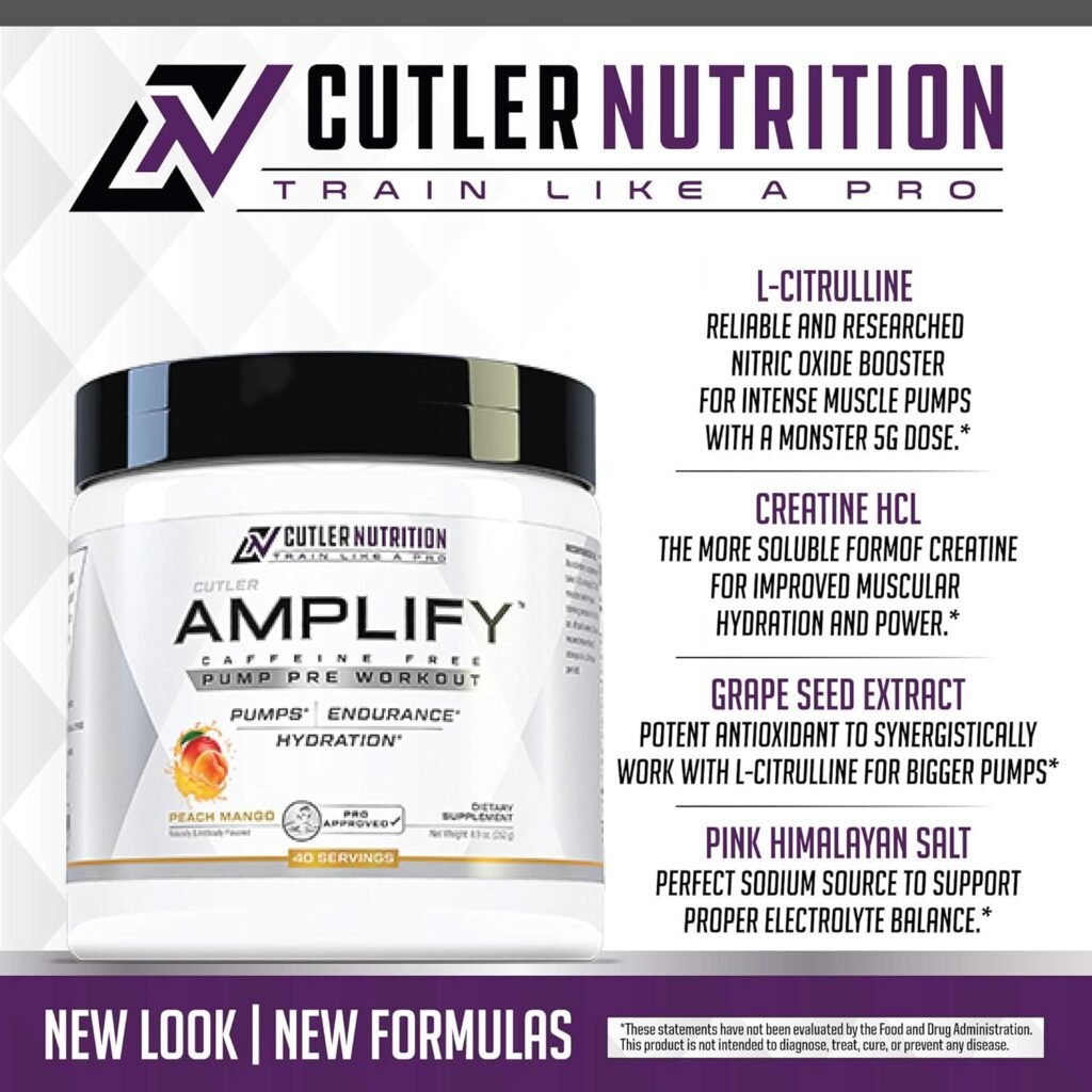 Cutler Nutrition Amplify 2.0 Caffeine Free Pre Workout for Men and Women Stimulant Free Muscle Pump Enhancer with Nitrates (Arginine Nitrate), Coconut Water, and L-Citrulline, Peach Mango Flavor