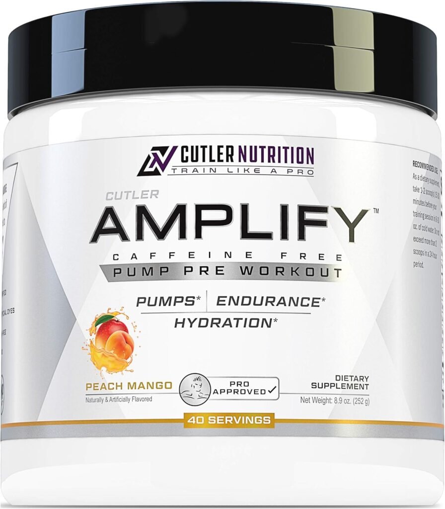 Cutler Nutrition Amplify 2.0 Caffeine Free Pre Workout for Men and Women Stimulant Free Muscle Pump Enhancer with Nitrates (Arginine Nitrate), Coconut Water, and L-Citrulline, Peach Mango Flavor